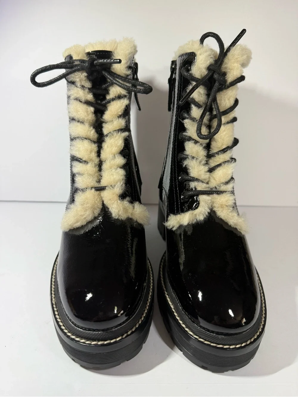 Tory Burch Black Patent Leather Shearling-Trim Combat Boots size5